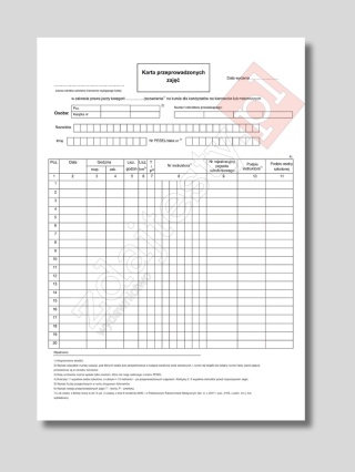Karta przeprowadzonych zajęć format A4 lub A5- grube kartki.