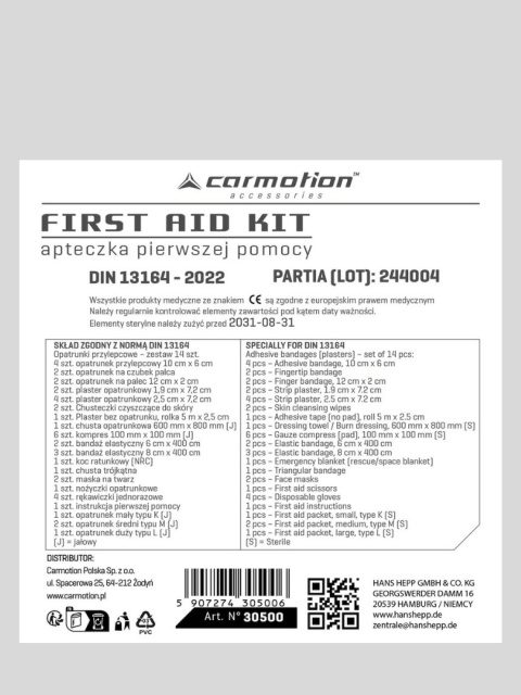 Apteczka samochodowa DIN 13164:2022 Carmotion pomarańczowa saszetka