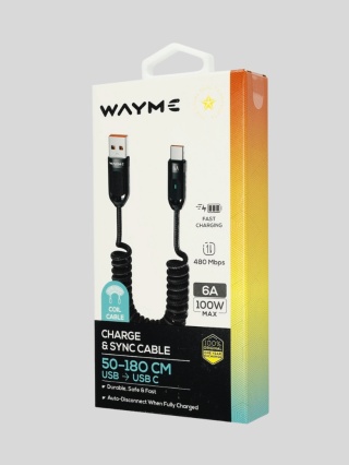WAYME Kabel USB → USB-C 50–180 cm Spiralny w Oplocie z Mikrofibry 100W Czarny