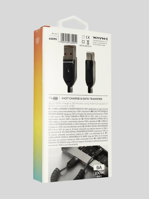 WAYME Kabel USB → USB-C 50–180 cm Spiralny w Oplocie z Mikrofibry 100W Czarny
