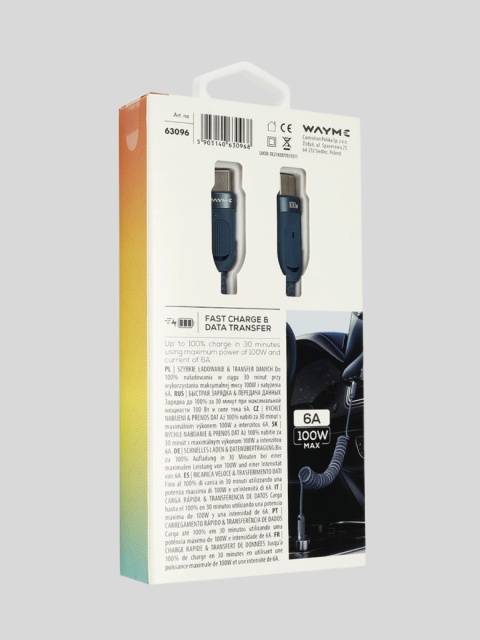 WAYME Kabel USB → USB-C 50–180 cm Spiralny w Oplocie z Mikrofibry 100W Niebieski