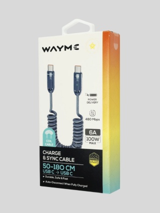 WAYME Kabel USB → USB-C 50–180 cm Spiralny w Oplocie z Mikrofibry 100W Niebieski