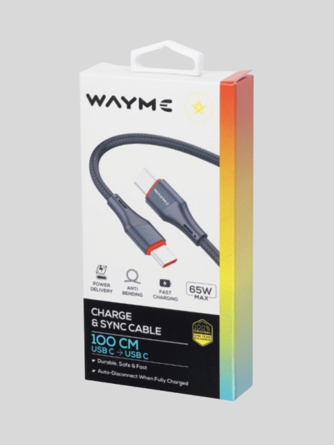 WAYME – kabel USB-C → USB-C 100 cm w oplocie z mikrofibry (PD max 65 W)