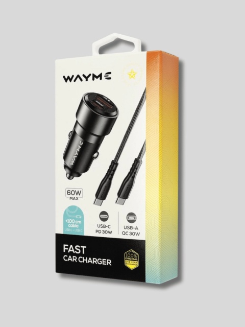 WAYME ładowarka samochodowa 12-24V 60W USB-C PD 30W + USB-A 30W + kabel USB-C 100 cm